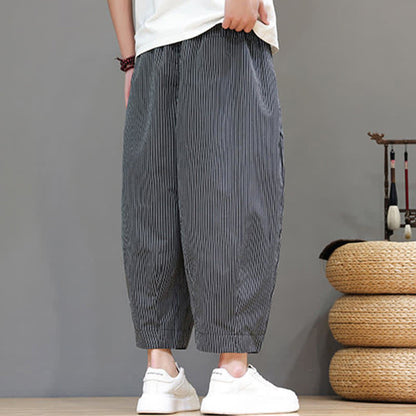 Buddha Stones Summer Casual Drawstring Striped Capri Pants Men's Harem Pants With Pocket