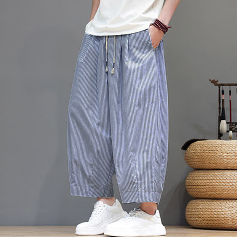 Buddha Stones Summer Casual Drawstring Striped Capri Pants Men's Harem Pants With Pocket