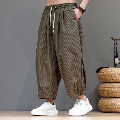 Buddha Stones Summer Casual Drawstring Striped Capri Pants Men's Harem Pants With Pocket