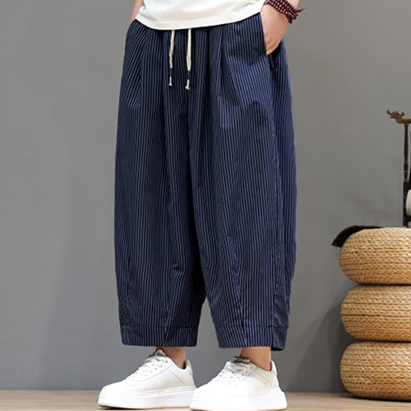 Buddha Stones Summer Casual Drawstring Striped Capri Pants Men's Harem Pants With Pocket