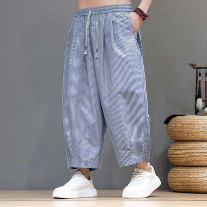 Buddha Stones Summer Casual Drawstring Striped Capri Pants Men's Harem Pants With Pocket