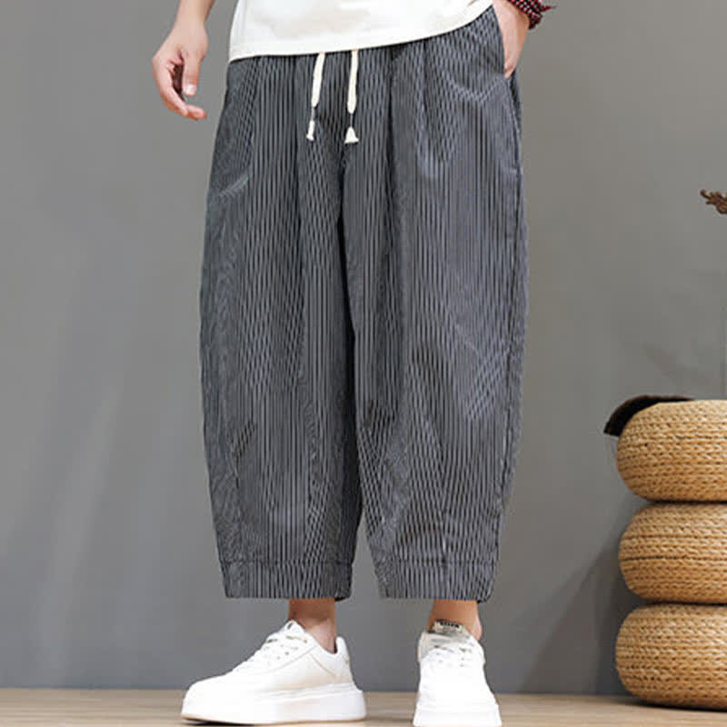Buddha Stones Summer Casual Drawstring Striped Capri Pants Men's Harem Pants With Pocket