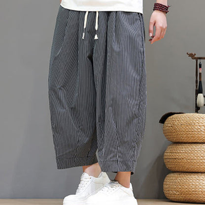Buddha Stones Summer Casual Drawstring Striped Capri Pants Men's Harem Pants With Pocket