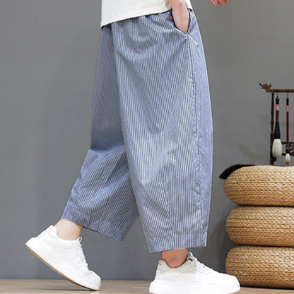 Buddha Stones Summer Casual Drawstring Striped Capri Pants Men's Harem Pants With Pocket