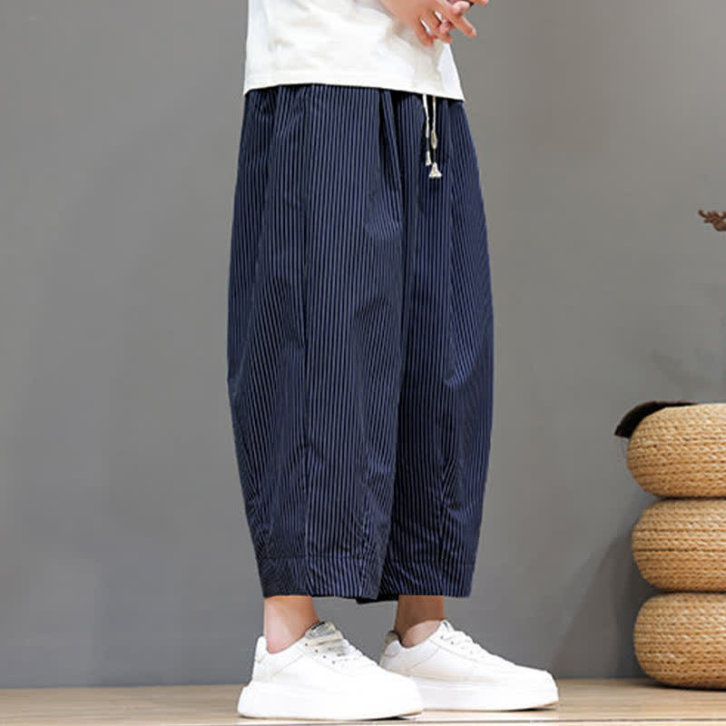 Buddha Stones Summer Casual Drawstring Striped Capri Pants Men's Harem Pants With Pocket
