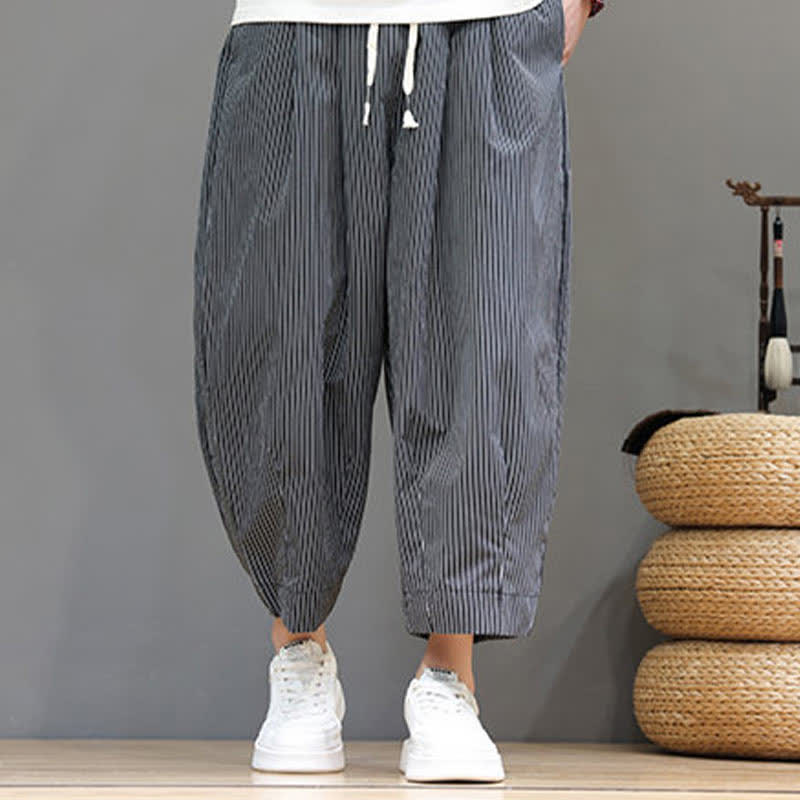 Buddha Stones Summer Casual Drawstring Striped Capri Pants Men's Harem Pants With Pocket