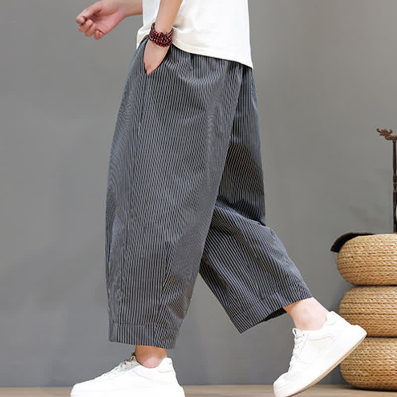 Buddha Stones Summer Casual Drawstring Striped Capri Pants Men's Harem Pants With Pocket