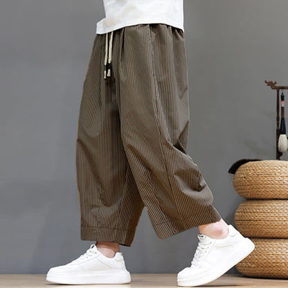Buddha Stones Summer Casual Drawstring Striped Capri Pants Men's Harem Pants With Pocket