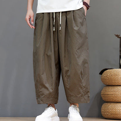 Buddha Stones Summer Casual Drawstring Striped Capri Pants Men's Harem Pants With Pocket