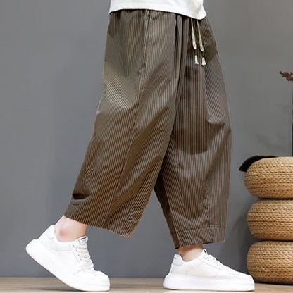 Buddha Stones Summer Casual Drawstring Striped Capri Pants Men's Harem Pants With Pocket