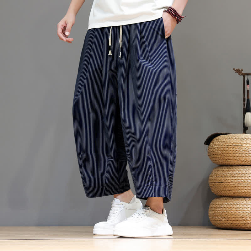 Buddha Stones Summer Casual Drawstring Striped Capri Pants Men's Harem Pants With Pocket