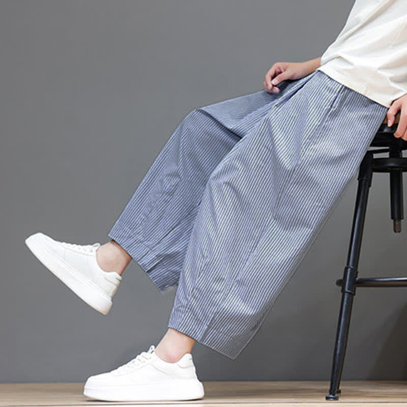 Buddha Stones Summer Casual Drawstring Striped Capri Pants Men's Harem Pants With Pocket
