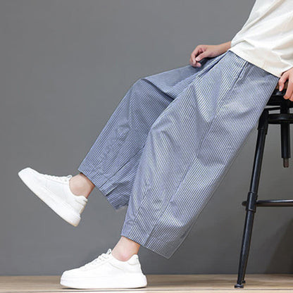 Buddha Stones Summer Casual Drawstring Striped Capri Pants Men's Harem Pants With Pocket