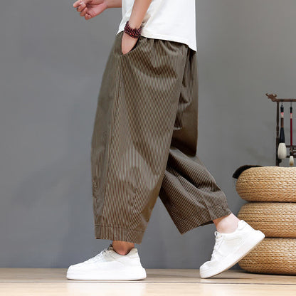 Buddha Stones Summer Casual Drawstring Striped Capri Pants Men's Harem Pants With Pocket