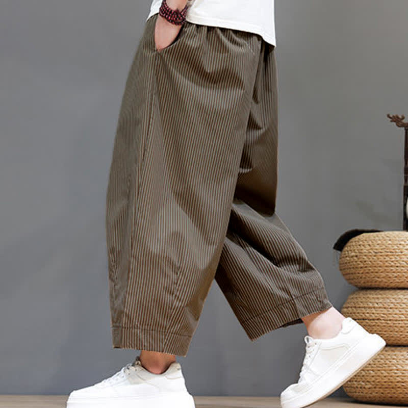 Buddha Stones Summer Casual Drawstring Striped Capri Pants Men's Harem Pants With Pocket