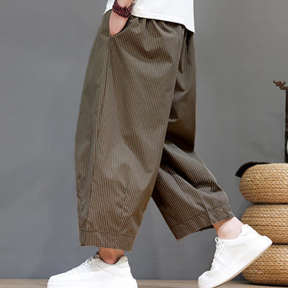 Buddha Stones Summer Casual Drawstring Striped Capri Pants Men's Harem Pants With Pocket