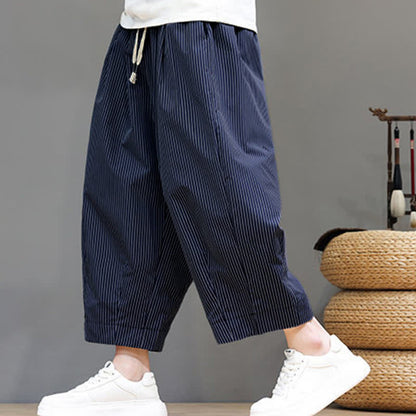 Buddha Stones Summer Casual Drawstring Striped Capri Pants Men's Harem Pants With Pocket