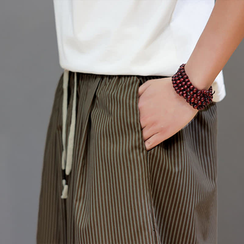 Buddha Stones Summer Casual Drawstring Striped Capri Pants Men's Harem Pants With Pocket