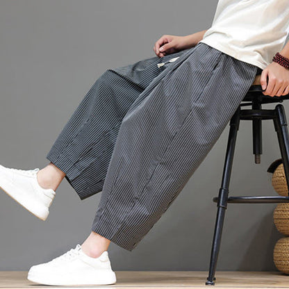 Buddha Stones Summer Casual Drawstring Striped Capri Pants Men's Harem Pants With Pocket