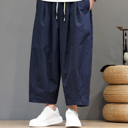Buddha Stones Summer Casual Drawstring Striped Capri Pants Men's Harem Pants With Pocket