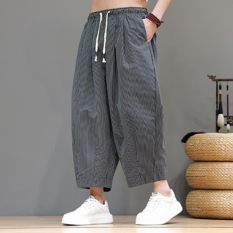 Buddha Stones Summer Casual Drawstring Striped Capri Pants Men's Harem Pants With Pocket