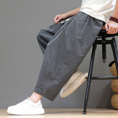 Buddha Stones Summer Casual Drawstring Striped Capri Pants Men's Harem Pants With Pocket