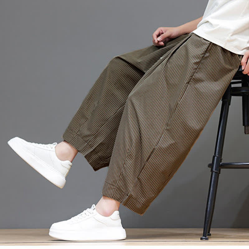 Buddha Stones Summer Casual Drawstring Striped Capri Pants Men's Harem Pants With Pocket