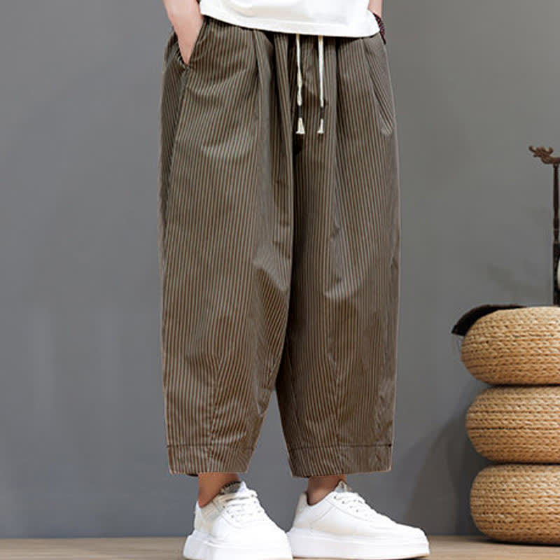 Buddha Stones Summer Casual Drawstring Striped Capri Pants Men's Harem Pants With Pocket
