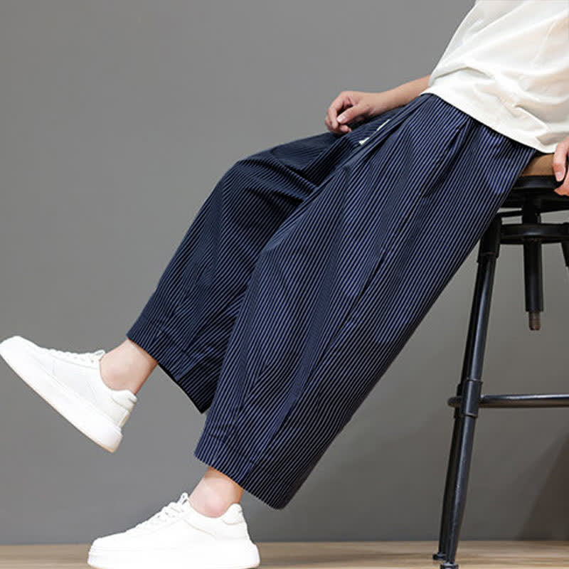 Buddha Stones Summer Casual Drawstring Striped Capri Pants Men's Harem Pants With Pocket