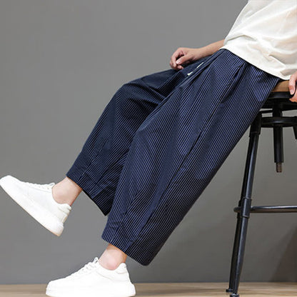 Buddha Stones Summer Casual Drawstring Striped Capri Pants Men's Harem Pants With Pocket