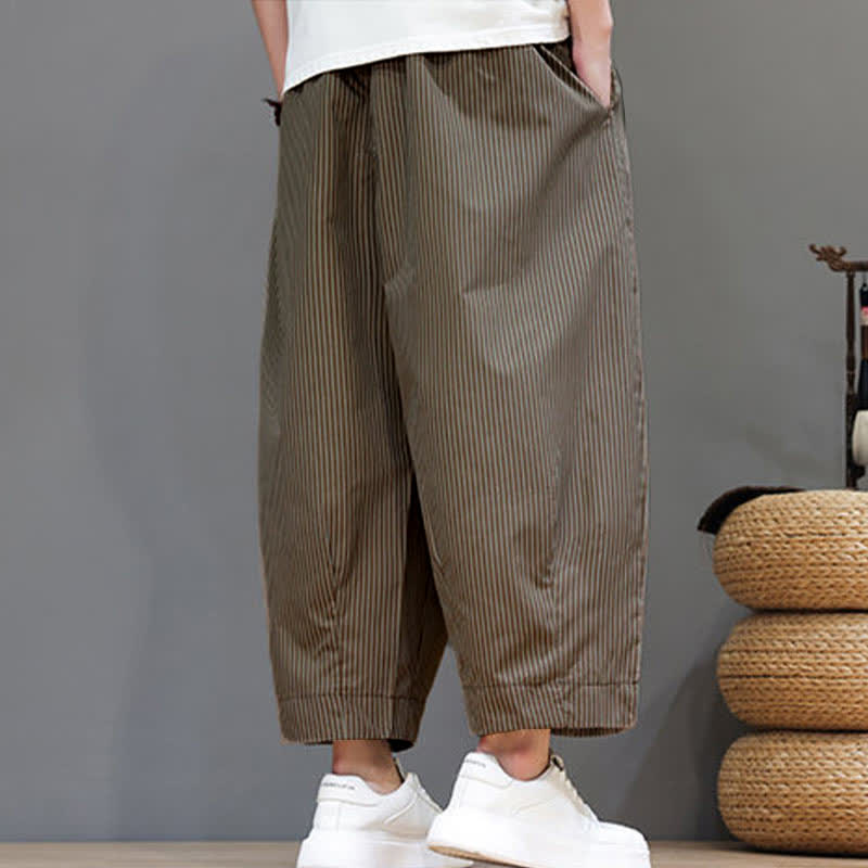 Buddha Stones Summer Casual Drawstring Striped Capri Pants Men's Harem Pants With Pocket