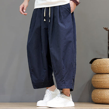 Buddha Stones Summer Casual Drawstring Striped Capri Pants Men's Harem Pants With Pocket
