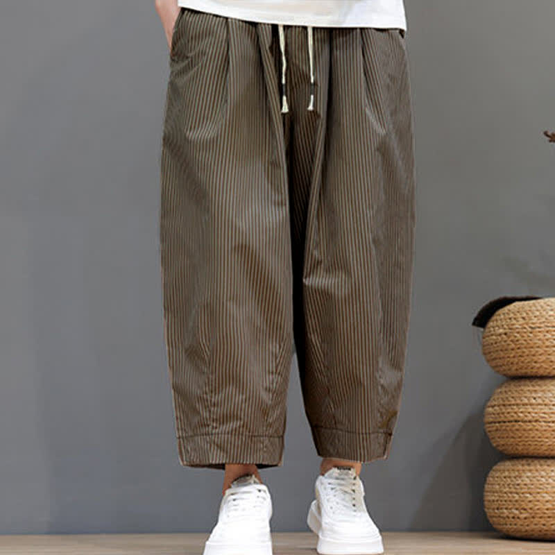 Buddha Stones Summer Casual Drawstring Striped Capri Pants Men's Harem Pants With Pocket