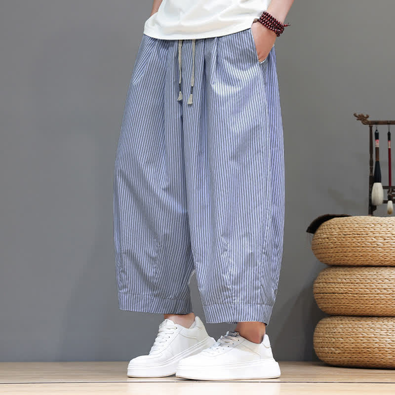 Buddha Stones Summer Casual Drawstring Striped Capri Pants Men's Harem Pants With Pocket
