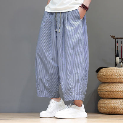 Buddha Stones Summer Casual Drawstring Striped Capri Pants Men's Harem Pants With Pocket