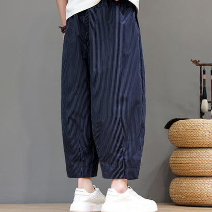 Buddha Stones Summer Casual Drawstring Striped Capri Pants Men's Harem Pants With Pocket