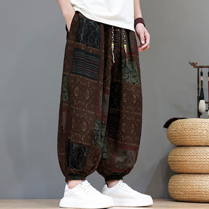 Buddha Stones Summer Boho Casual Drawstring Geometric Cropped Pants Men's Harem Pants With Pocket