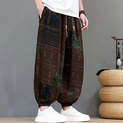 Buddha Stones Summer Boho Casual Drawstring Geometric Cropped Pants Men's Harem Pants With Pocket