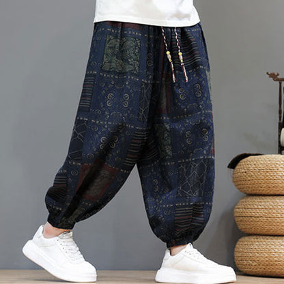 Buddha Stones Summer Boho Casual Drawstring Geometric Cropped Pants Men's Harem Pants With Pocket