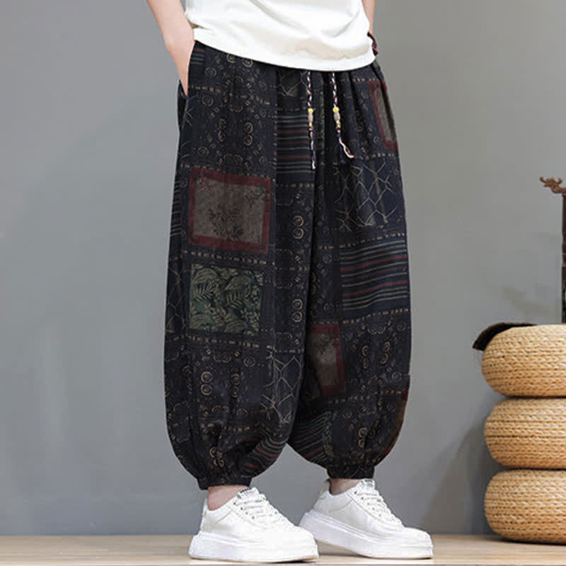 Buddha Stones Summer Boho Casual Drawstring Geometric Cropped Pants Men's Harem Pants With Pocket