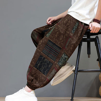 Buddha Stones Summer Boho Casual Drawstring Geometric Cropped Pants Men's Harem Pants With Pocket