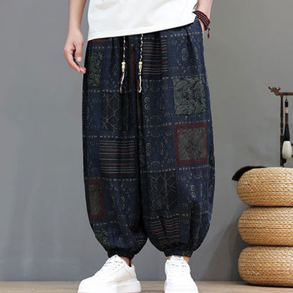Buddha Stones Summer Boho Casual Drawstring Geometric Cropped Pants Men's Harem Pants With Pocket