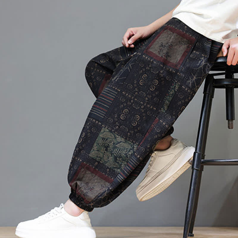 Buddha Stones Summer Boho Casual Drawstring Geometric Cropped Pants Men's Harem Pants With Pocket