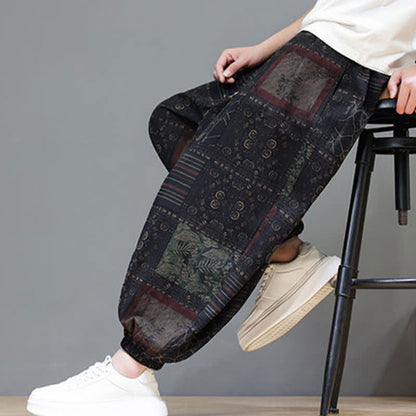 Buddha Stones Summer Boho Casual Drawstring Geometric Cropped Pants Men's Harem Pants With Pocket