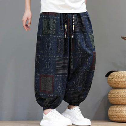 Buddha Stones Summer Boho Casual Drawstring Geometric Cropped Pants Men's Harem Pants With Pocket