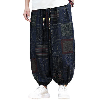 Buddha Stones Summer Boho Casual Drawstring Geometric Cropped Pants Men's Harem Pants With Pocket