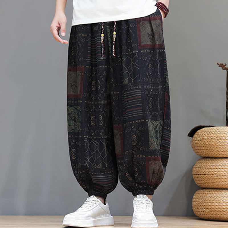 Buddha Stones Summer Boho Casual Drawstring Geometric Cropped Pants Men's Harem Pants With Pocket