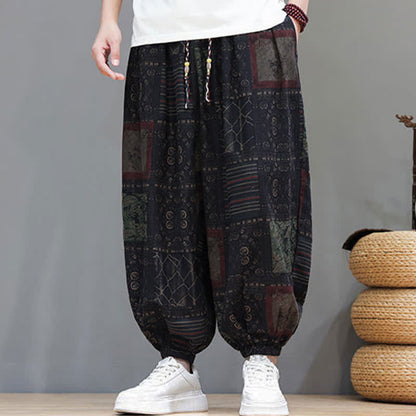 Buddha Stones Summer Boho Casual Drawstring Geometric Cropped Pants Men's Harem Pants With Pocket