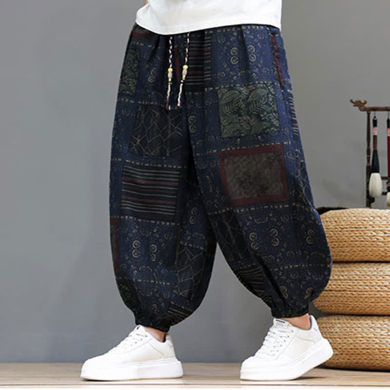 Buddha Stones Summer Boho Casual Drawstring Geometric Cropped Pants Men's Harem Pants With Pocket