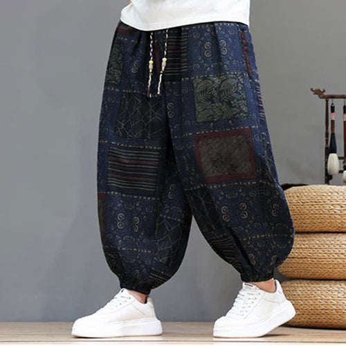 Buddha Stones Summer Boho Casual Drawstring Geometric Cropped Pants Men's Harem Pants With Pocket